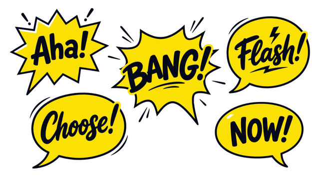 Aha bang flash choose now yellow comic speech bubbles.