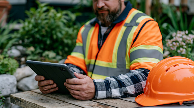 Remote worker completing a two-minute microlearning safety compliance module on a company tablet during a construction site lunch break, hard hat resting beside the device, professional development 