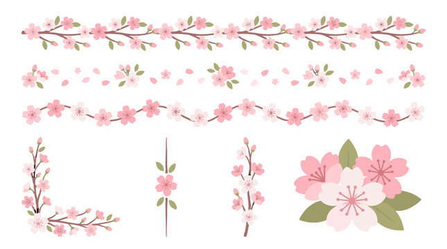 Pink cherry blossom floral border set with branches and petals