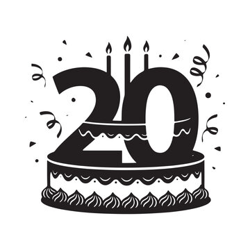 Black Silhouette Of A Birthday Cake With Number Twenty And Candles