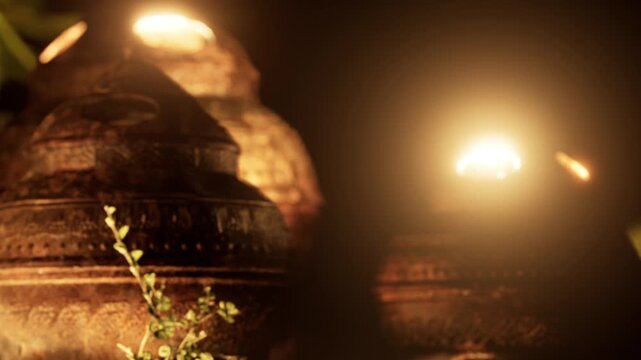 People gather in a garden at night where traditional lamps emit warm light. The atmosphere is lively with conversations and laughter among friends and family.