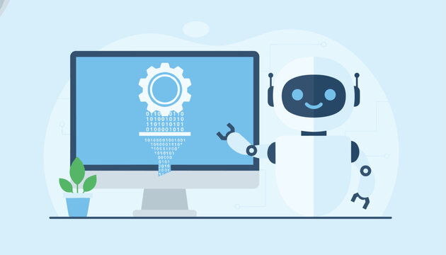 Smart artificial intelligence robot standing next to a computer monitor showing coding and processing data.