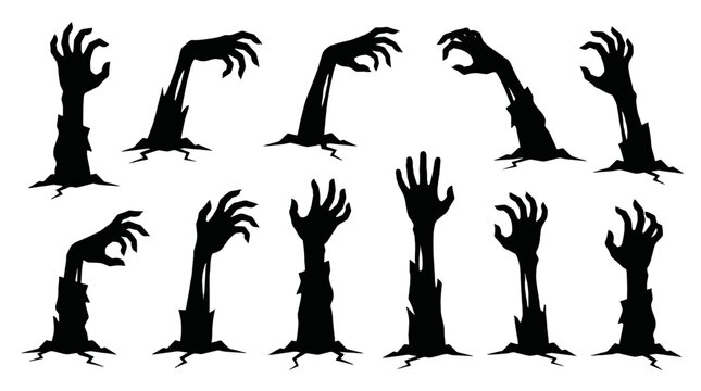Set of black zombie hand silhouettes rising from the ground