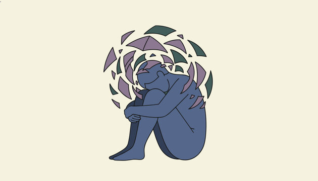 Person curled up in a fetal position with shattered pieces representing mental breakdown and broken pieces.
