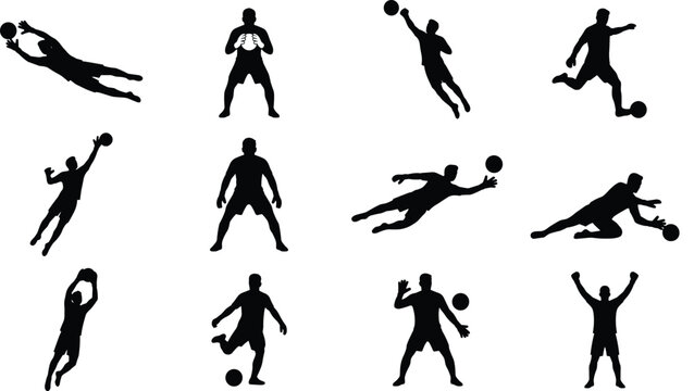 Black Silhouette Football Keeper Save Stretch Punch Catch Athletic Goalkeeping Pose Icon Collection Vector Illustration Set