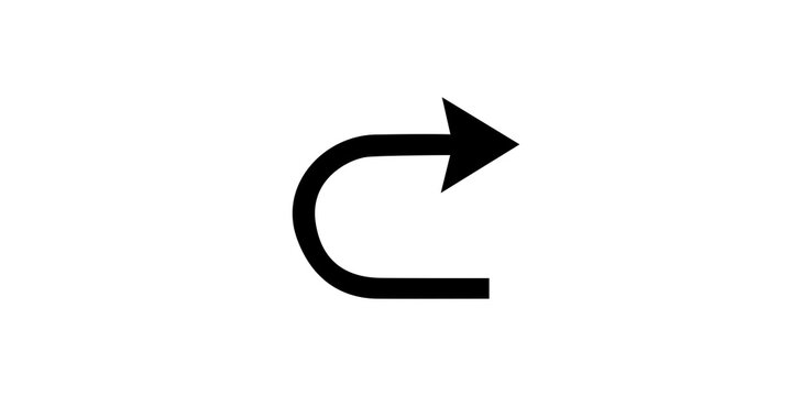 Black u-turn arrow pointing right, forward and refresh curve vector icon