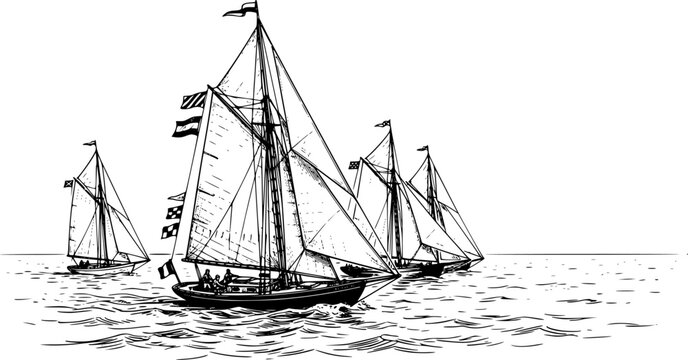 sailboat gliding across the water, showcasing white sails and flags, embodying the essence of sea transportation, leisure activities, and adventurous travel