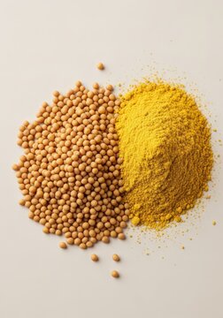 Piles of raw yellow mustard seeds and ground powder, essential ingredients used for seasoning, sauce preparation, and culinary cooking, spice, delicious, agriculture
