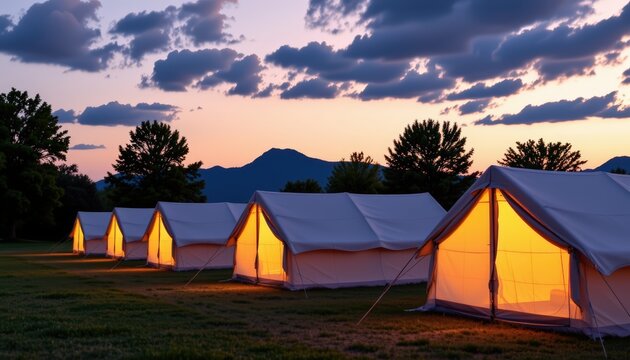 A row of emergency shelter tents illuminated at dusk, peaceful atmosphere