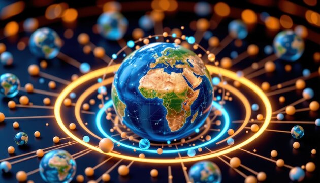 A globe surrounded by circular rings of light connecting different continents