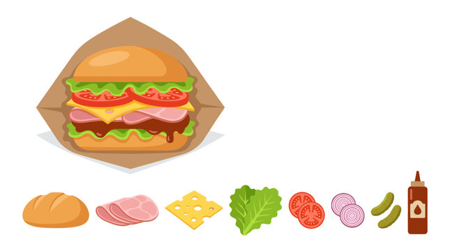 Sandwich ingredients and assembled sub in flat vector style