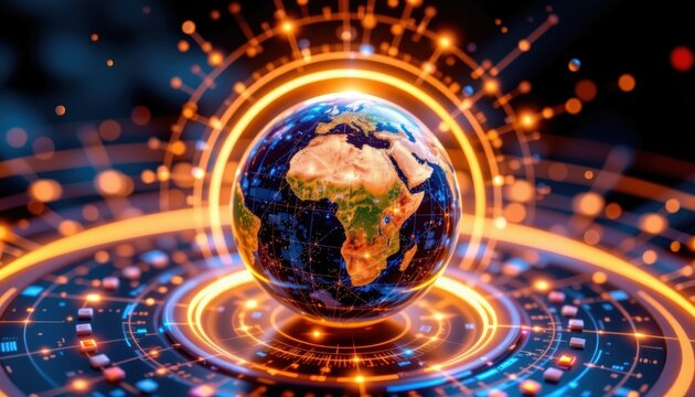 A globe surrounded by circular rings of light connecting different continents