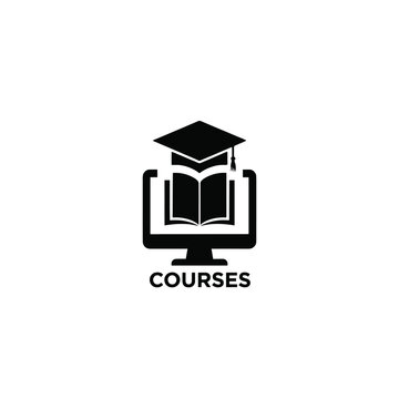 Graduation cap atop computer monitor silhouette on a white background representing online courses and education academy black and white desktop digital