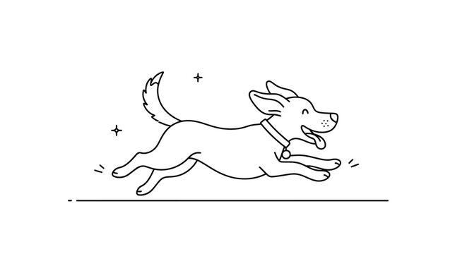 A minimalist line drawing of a happy dog running with motion lines and sparkles on a white background with a playful mood.