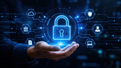 Fototapeta premium A glowing digital lock icon hovers above an open hand, surrounded by cybersecurity symbols and a futuristic blue data network interface.