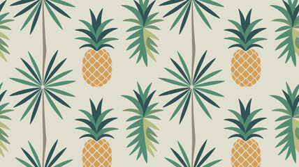 Seamless tropical pattern featuring stylized pineapples and green palm leaves on a light background, perfect for fabric or wallpaper design. © awas