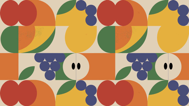 A vibrant, repeating geometric pattern featuring stylized fruits like apples, pears, grapes, and watermelon in a retro, abstract design.