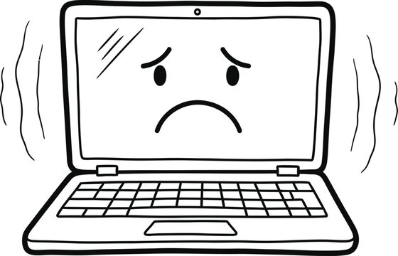 A simple black and white line drawing of a laptop computer with a sad face and shaking motion lines