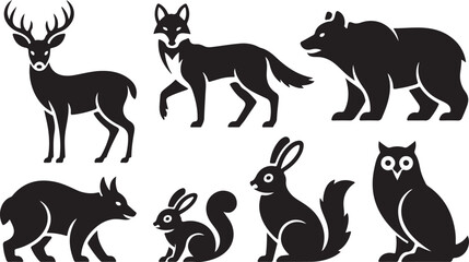 Obraz premium Wild Forest Animals Silhouette Set Vector Illustration Featuring Deer Fox Bear Rabbit Squirrel and Owl