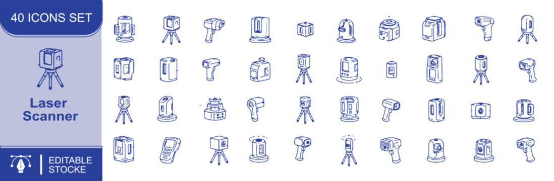 Set of 40 Laser Scanner icons Each icon will be different, create a vector outline icons using white background and black color