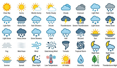 Obraz premium Weather forecast icon collection with sun cloud rain snow and wind symbols
