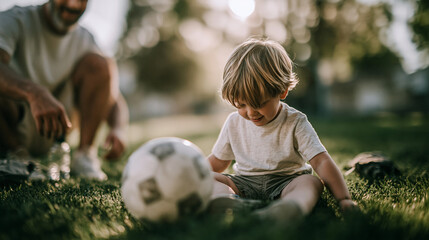 Obraz premium Father teaching his son to play soccer on a summer field ball between them water bottle and small bag in the grass child watching carefully trees softly defocused wide shot