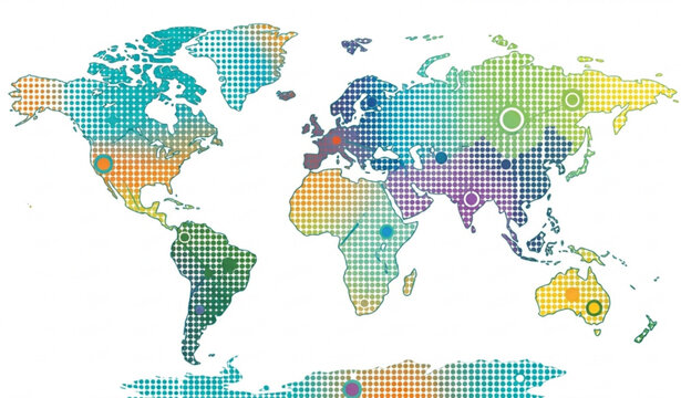 Abstract colorful halftone world map with dot pattern vector illustration