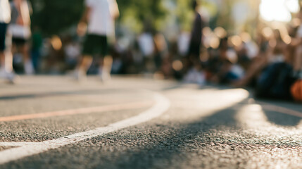 Obraz premium Diverse basketball team playing on an outdoor court during a sunny summer day players spread across the frame worn court lines shadows on asphalt spectators and trees softly