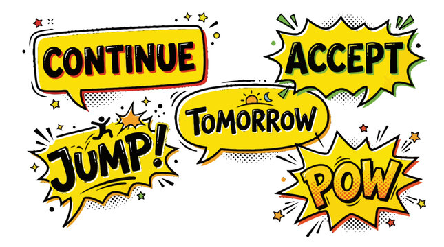 Action comic bubbles with continue and pow text.