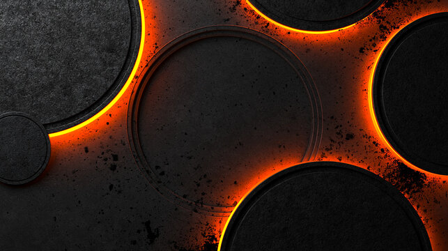 Premium industrial abstract background with molten orange circles and graphite texture