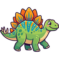 Fototapeta premium A smiling green dinosaur with orange and blue spikes stands on a plain.