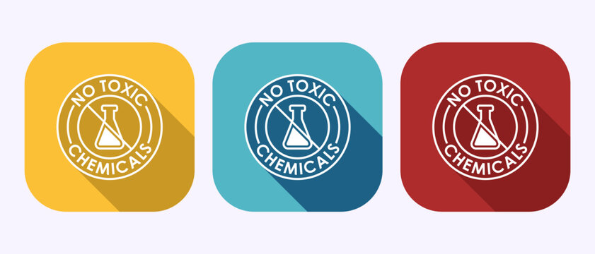 Set of three square icons featuring a crossed out beaker for no toxic chemical use.