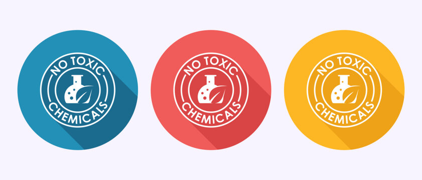 Set of three round vector icons featuring beakers and leaves for organic chemistry.
