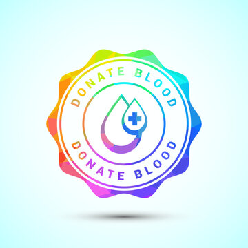 Donate blood sticker design with medical cross icon and colorful low poly pattern.