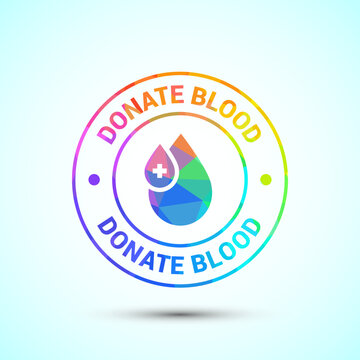 Abstract blood donation badge with geometric liquid shape and rainbow gradient colors.