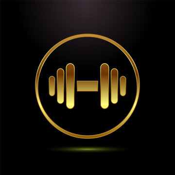 Golden dumbbell icon or symbol in a shiny metallic circle on a black background.