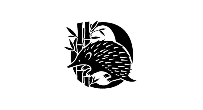 Echidna and Bamboo Black and White Illustration.