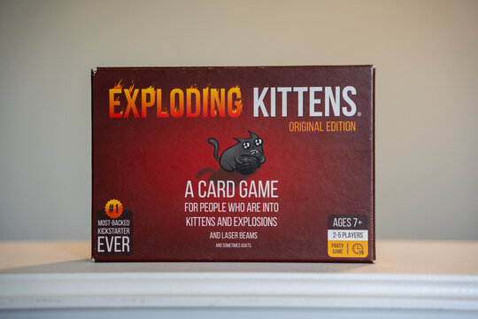 Close up of Exploding Kittens card game box. Toronto, Canada - June 13, 2026.