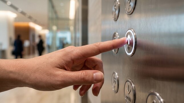 Person's finger pressing the illuminated 'up' button on a modern elevator panel, indicating a call for ascent within a contemporary building environment