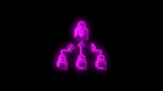 Neon glowing icon of organizational structure with a leader and subordinates on a black background