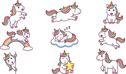 Cute unicorn character vector illustration set with rainbow mane jumping over rainbow sleeping on cloud and holding star isolated on white © MstRowshanAra