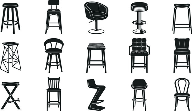 Bar stool and counter chair vector glyph icon set featuring high wooden stools retro diner seats modern industrial wireframes and kitchen furniture design elements