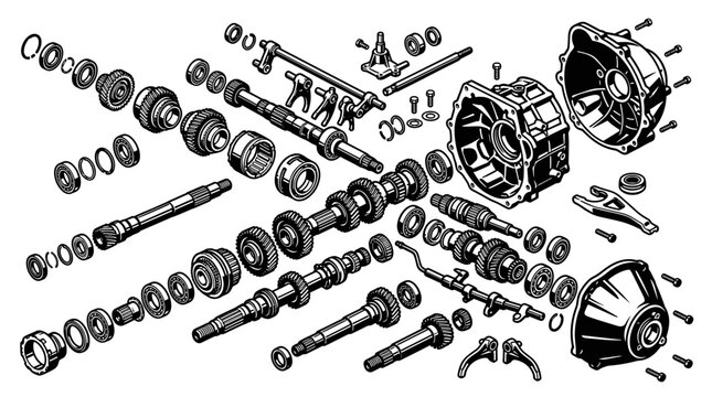 Exploded view of automotive transmission parts.