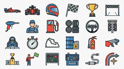 Naklejka premium Professional Racing and Motorsport Equipment Tools and Symbols Comprehensive Guide with high professional line art symbols for modern creative design and digital branding projects