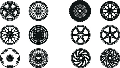 Car wheel rim and alloy tyre vector icon set featuring vintage spokes modern sport spokes offroad tread mesh pattern and automotive detailing design elements © Ms