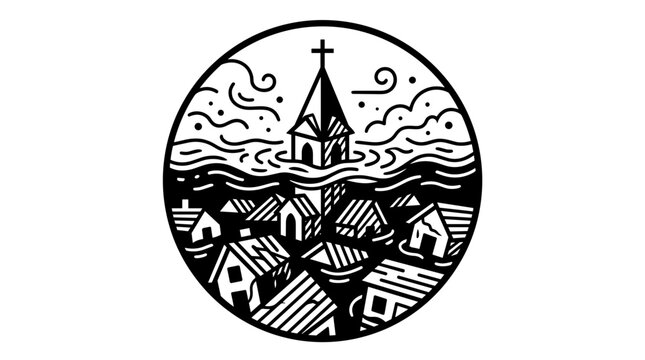 Flooded village with church steeple emerging from water.