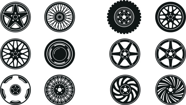 Car wheel rim and alloy tyre vector icon set featuring vintage spokes modern sport spokes offroad tread mesh pattern and automotive detailing design elements