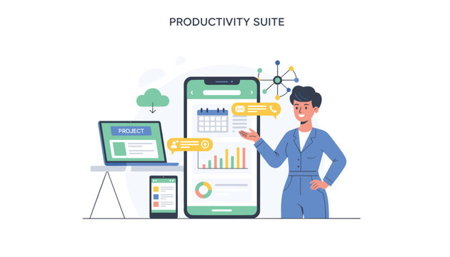 Businesswoman presenting a productivity suite mobile application displaying digital business metrics and calendars.