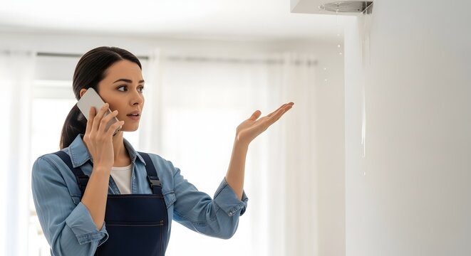 Young woman calling for repair service after discovering water leak from air conditioner.