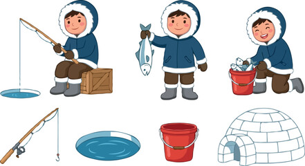 Eskimo boy ice fishing vector illustration set featuring arctic character catching fish with rod bucket ice hole and igloo isolated on white background © MstRowshanAra